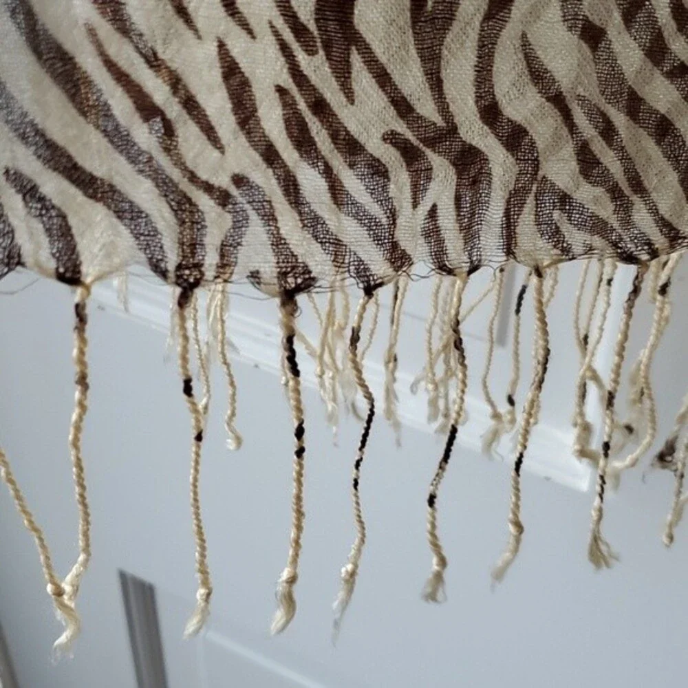 LOOK BY M SILK COTTON ANIMAL PRINT ZEBRA SCARF WRAP FRINGE BROWN CREAM